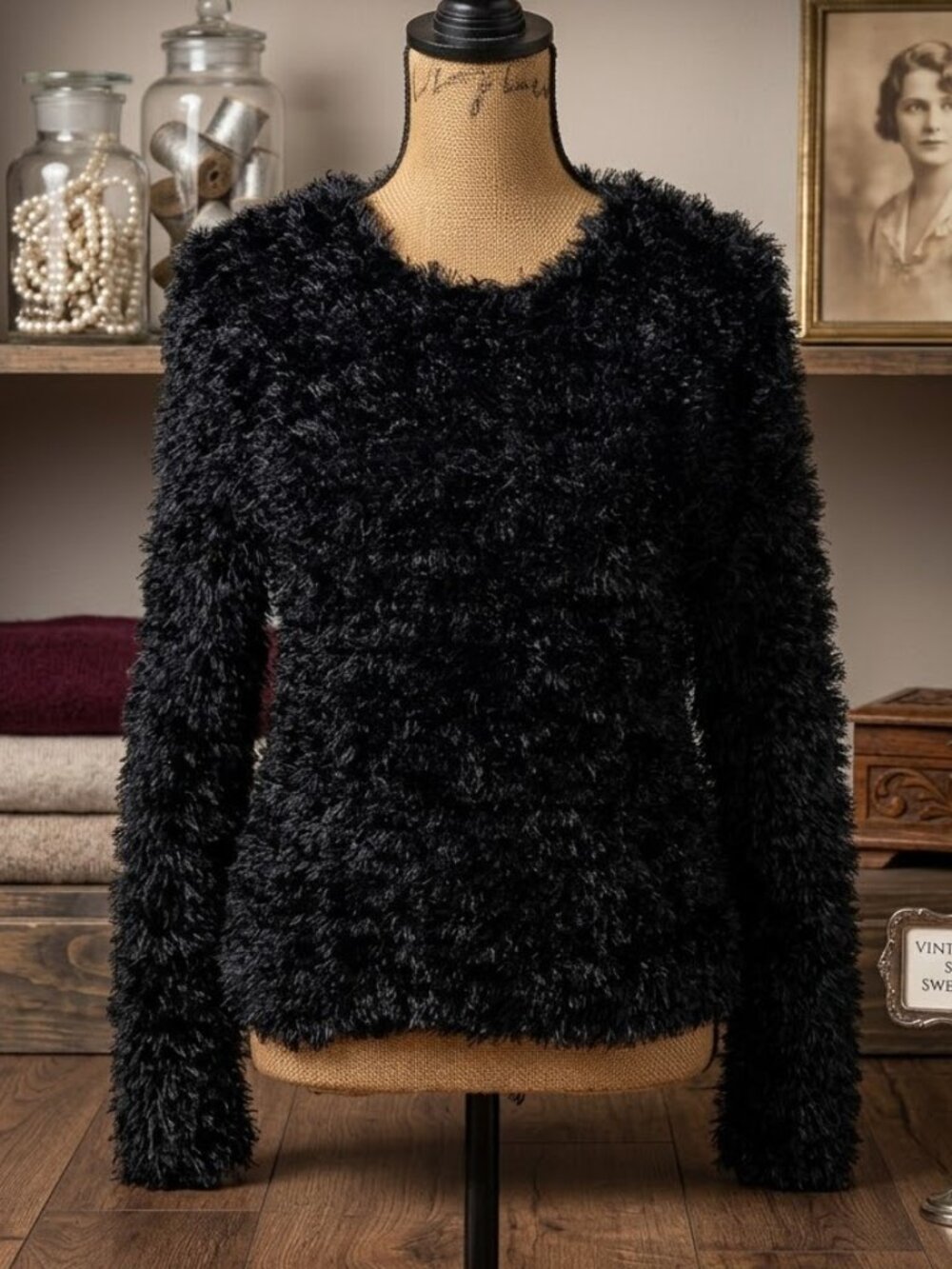 Vintage Effeci Creazioni fuzzy faux fur black long sleeve cozy sweater sz M